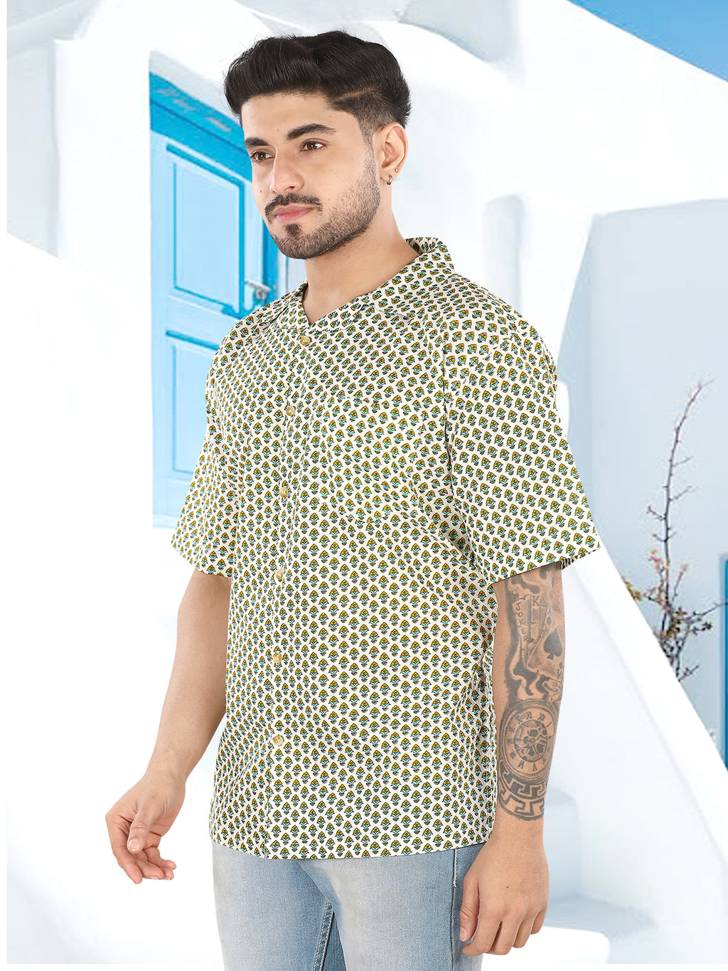 Ivory Micro Motif Ajrakh Printed Casual Shirt(1117)