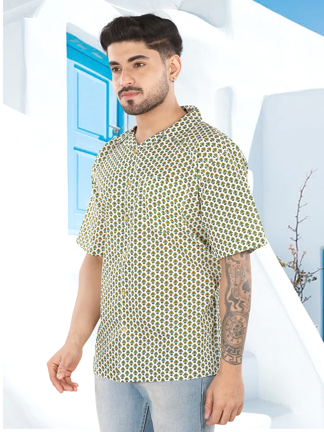 Ivory Micro Motif Ajrakh Printed Casual Shirt(1117)