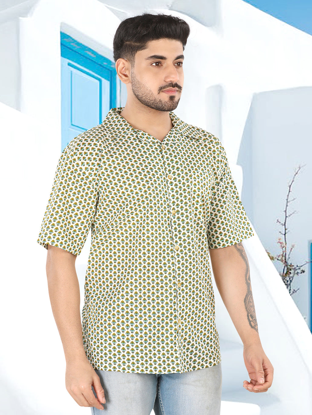 Ivory Micro Motif Ajrakh Printed Casual Shirt(1117)