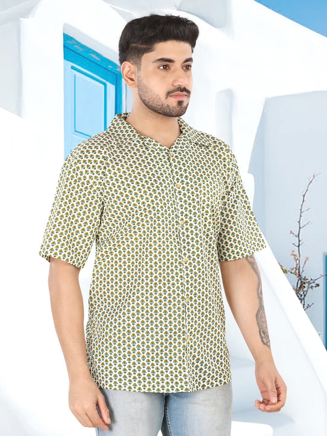 Ivory Micro Motif Ajrakh Printed Casual Shirt(1117)