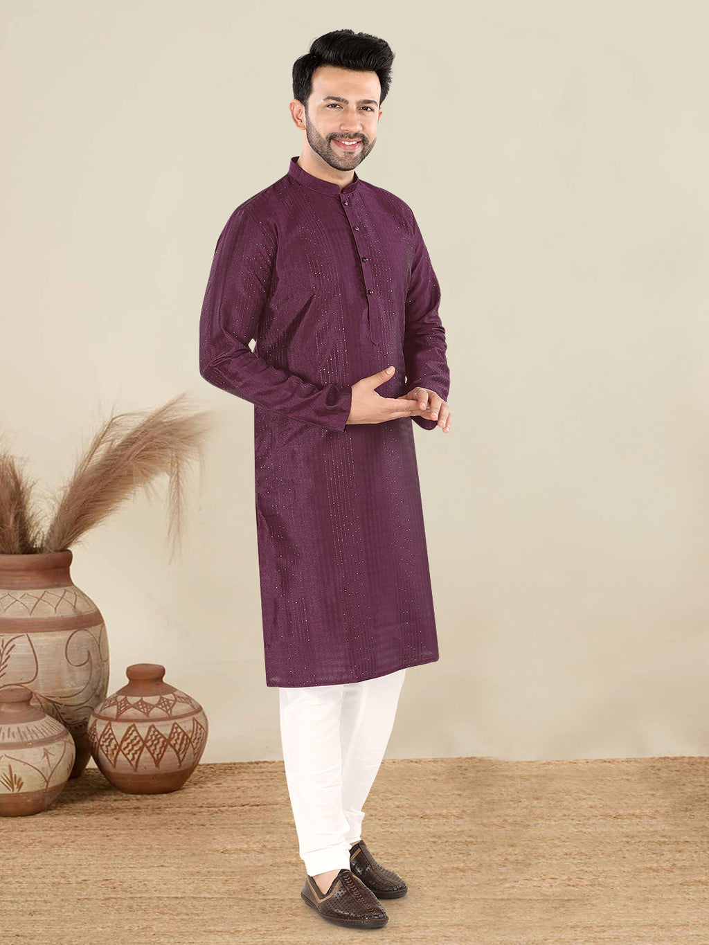 Wine Textured Festive Kurta – Rich & Elegant Ethnic Wear for Men (4250)