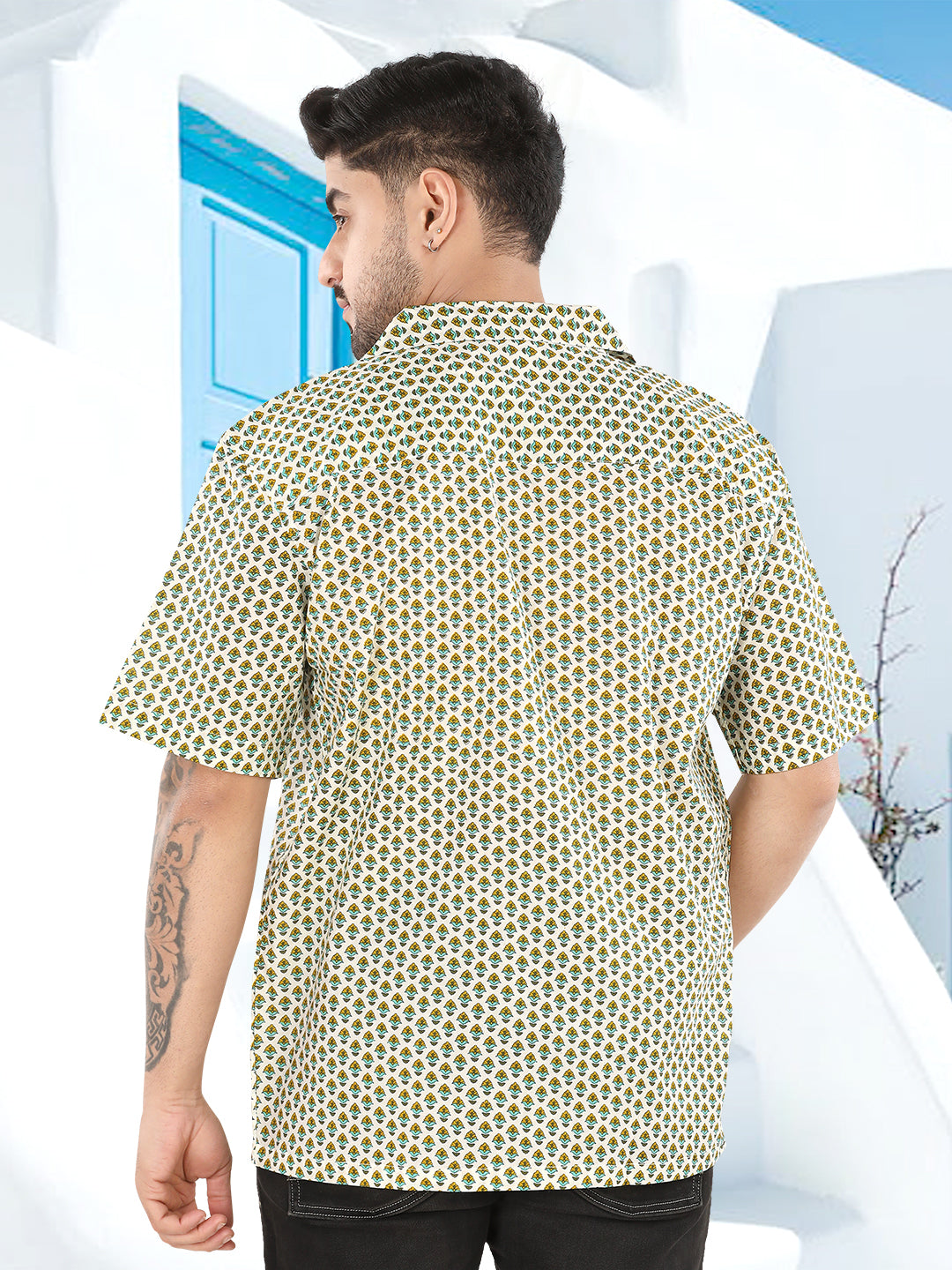 Ivory Micro Motif Ajrakh Printed Casual Shirt(1117)