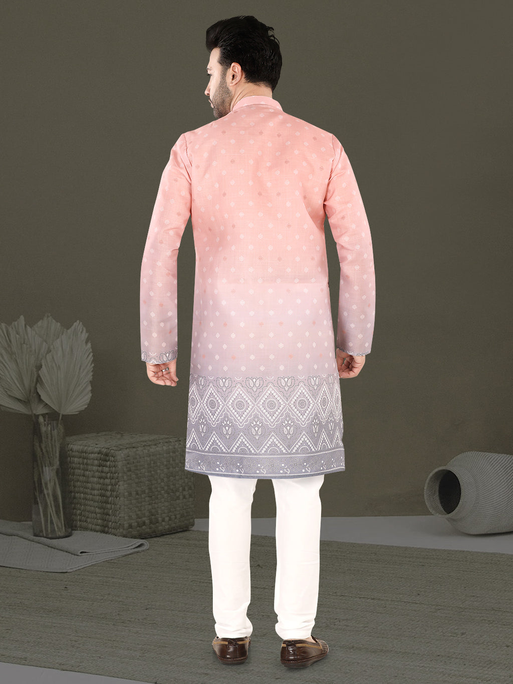 Light Pink Ethnic Motif Kurta with Grey Woven Border (7079)