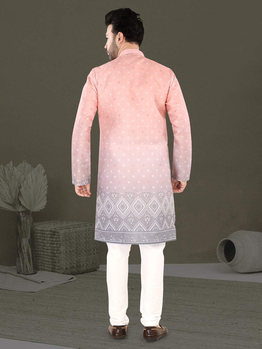 Light Pink Ethnic Motif Kurta with Grey Woven Border (7079)