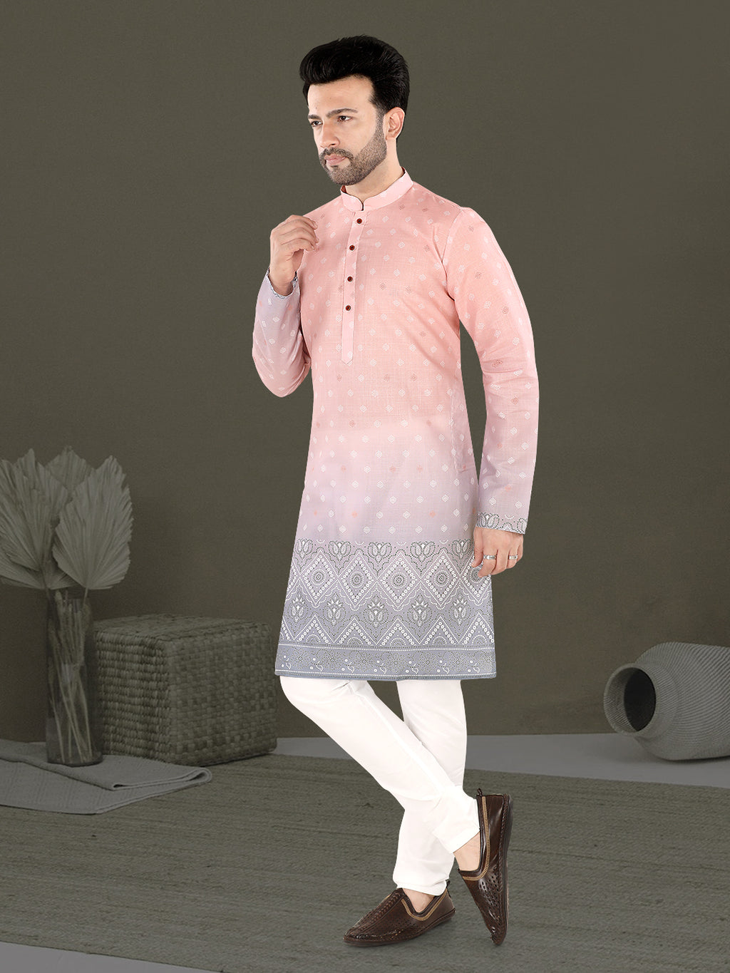 Light Pink Ethnic Motif Kurta with Grey Woven Border (7079)