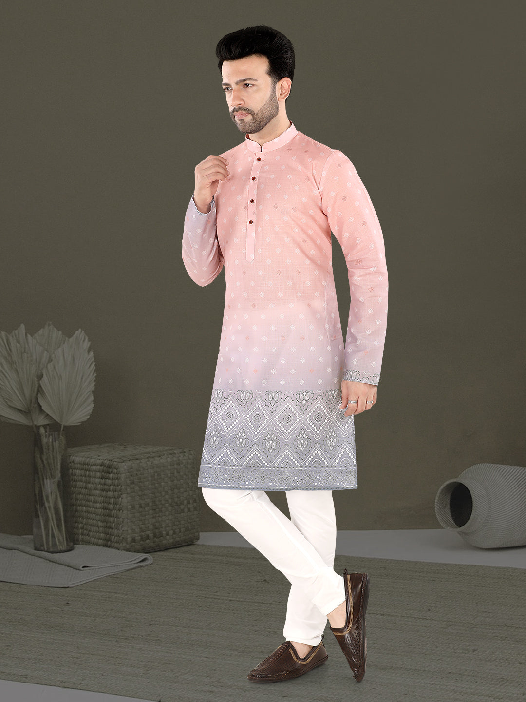 Light Pink Ethnic Motif Kurta with Grey Woven Border (7079)