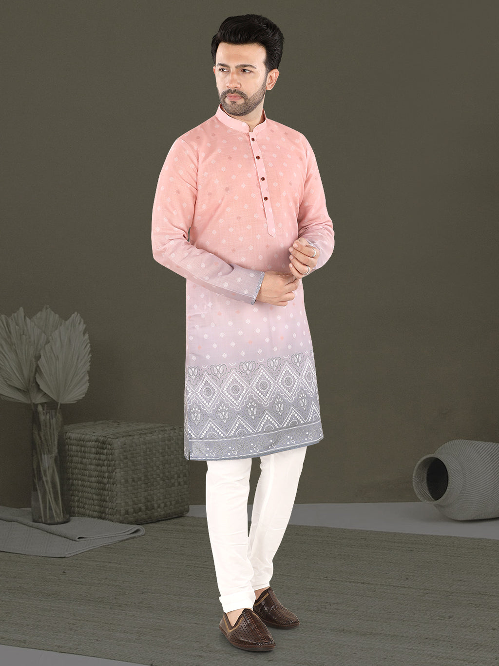 Light Pink Ethnic Motif Kurta with Grey Woven Border (7079)