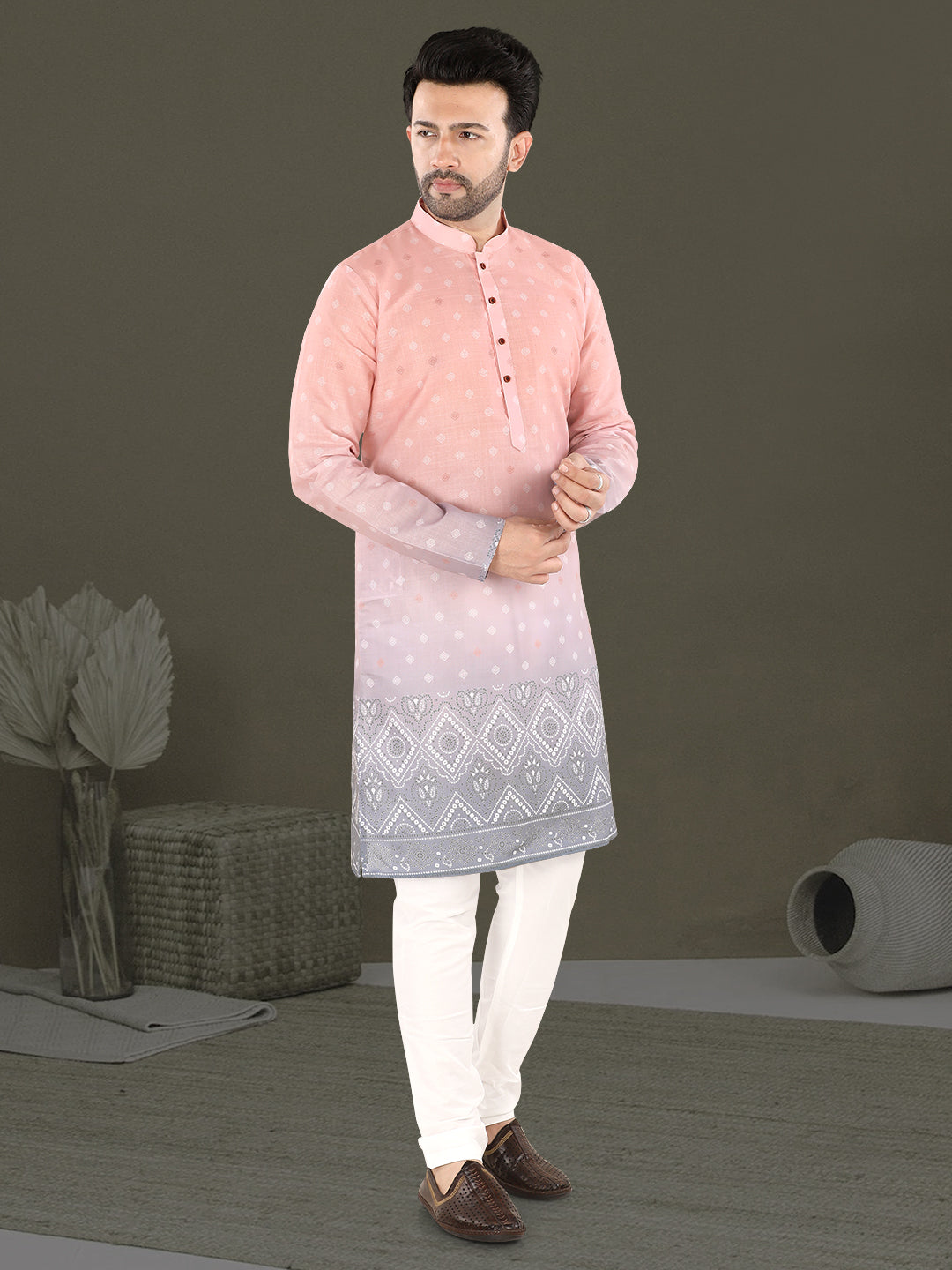 Light Pink Ethnic Motif Kurta with Grey Woven Border (7079)