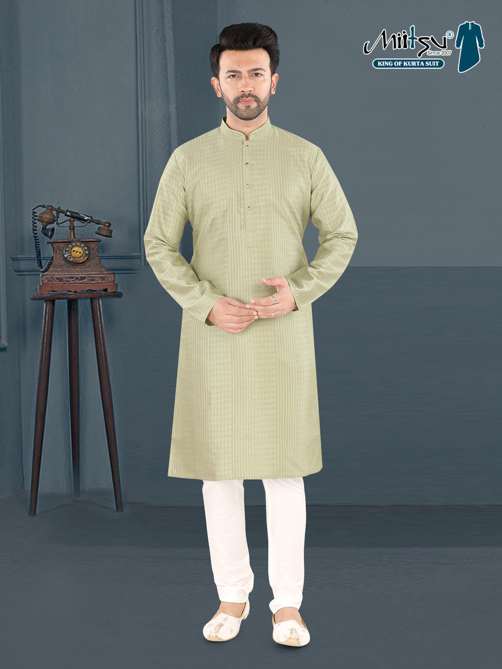 Pista Green Textured Festive Kurta – Elegant Ethnic Wear for Men (4250)