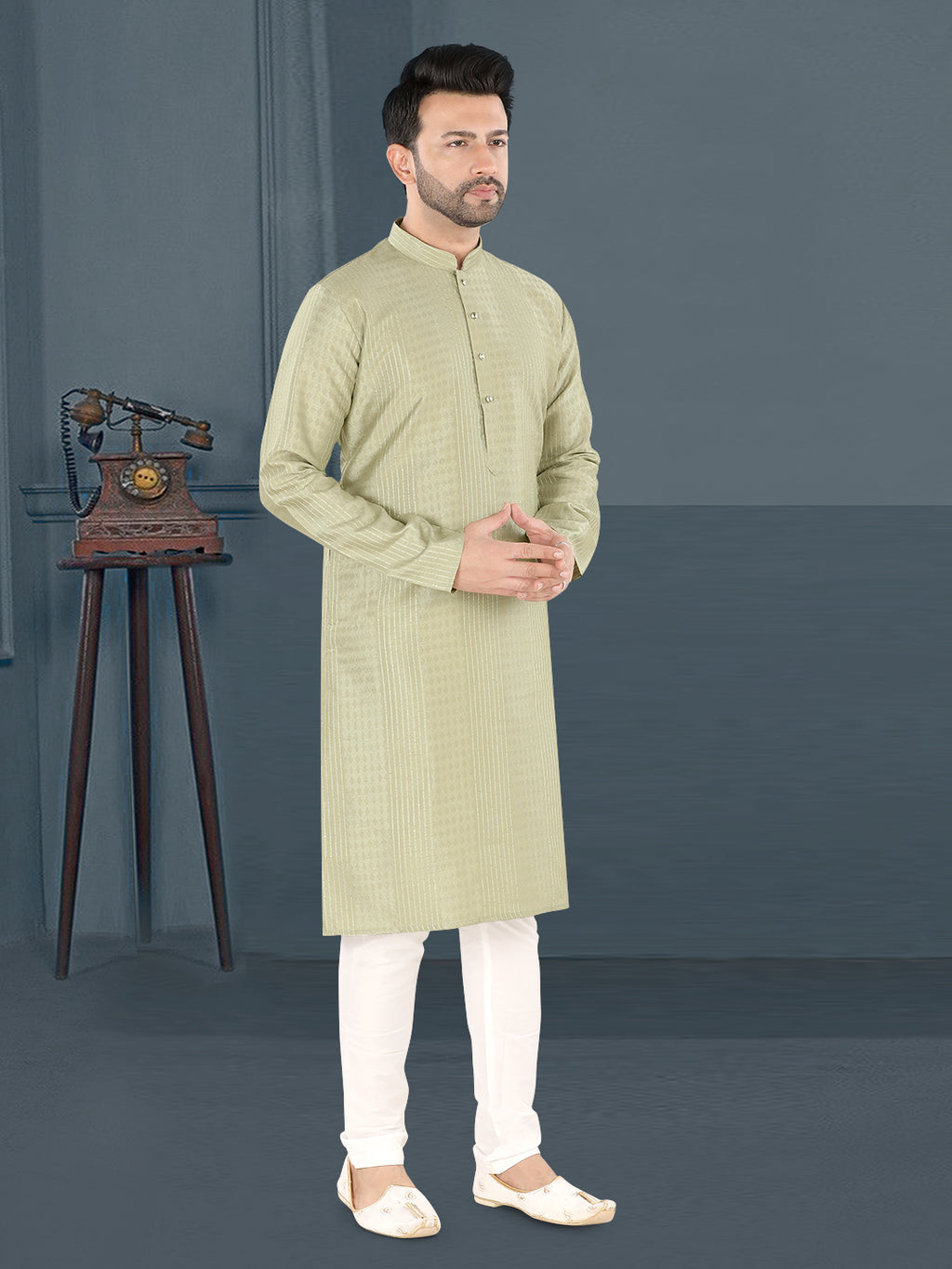 Pista Green Textured Festive Kurta – Elegant Ethnic Wear for Men (4250)