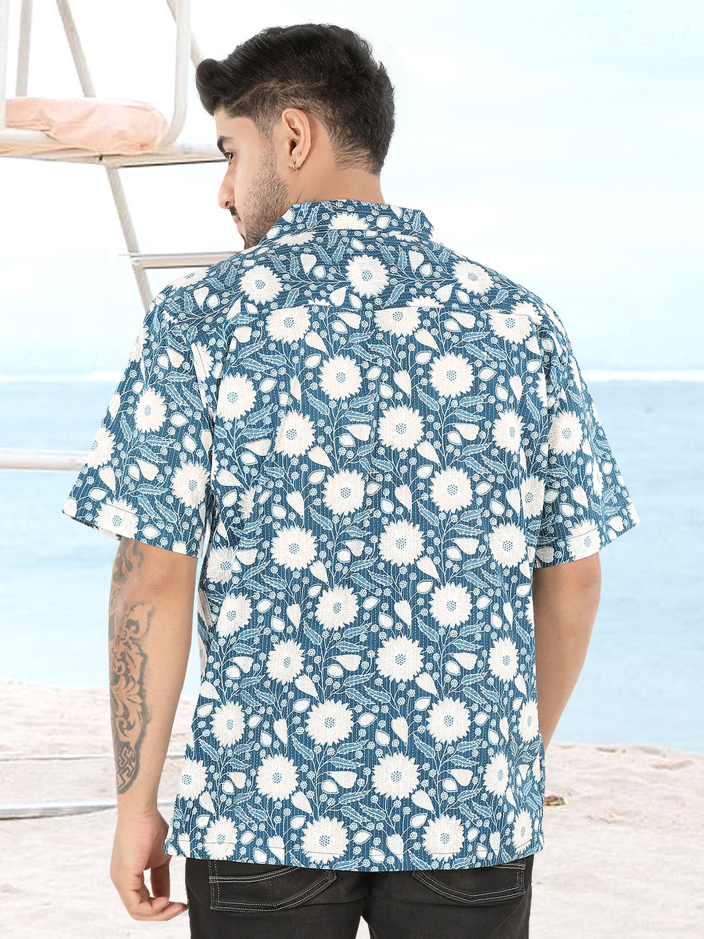 Mitsu Blue Floral Ajrakh Printed Half Sleeve Casual Shirt(1102)