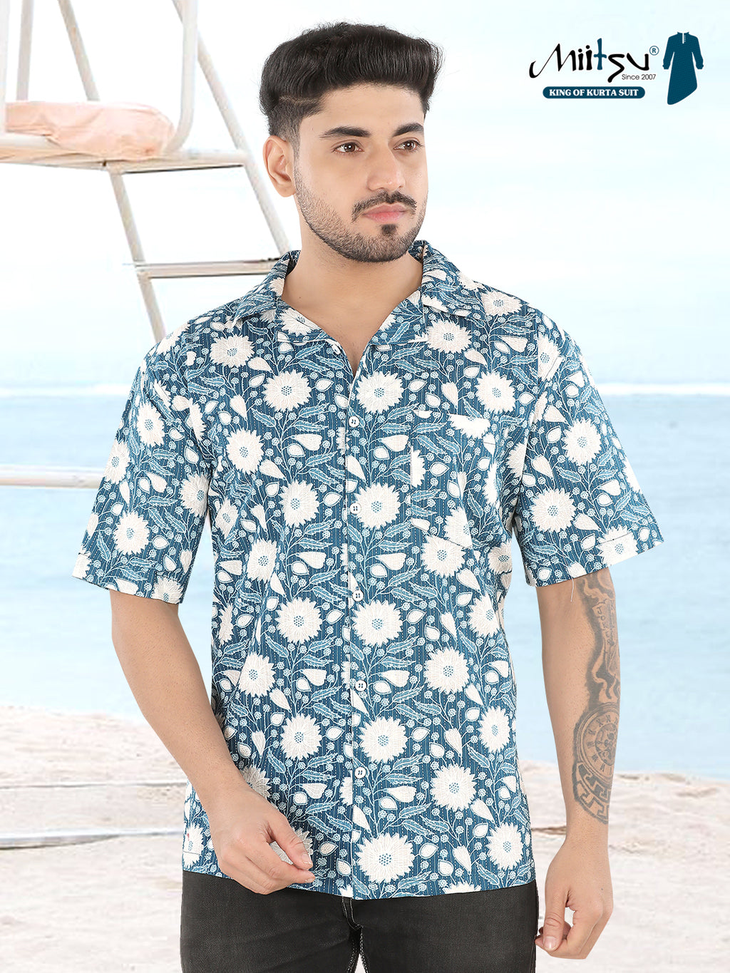 Mitsu Blue Floral Ajrakh Printed Half Sleeve Casual Shirt(1102)