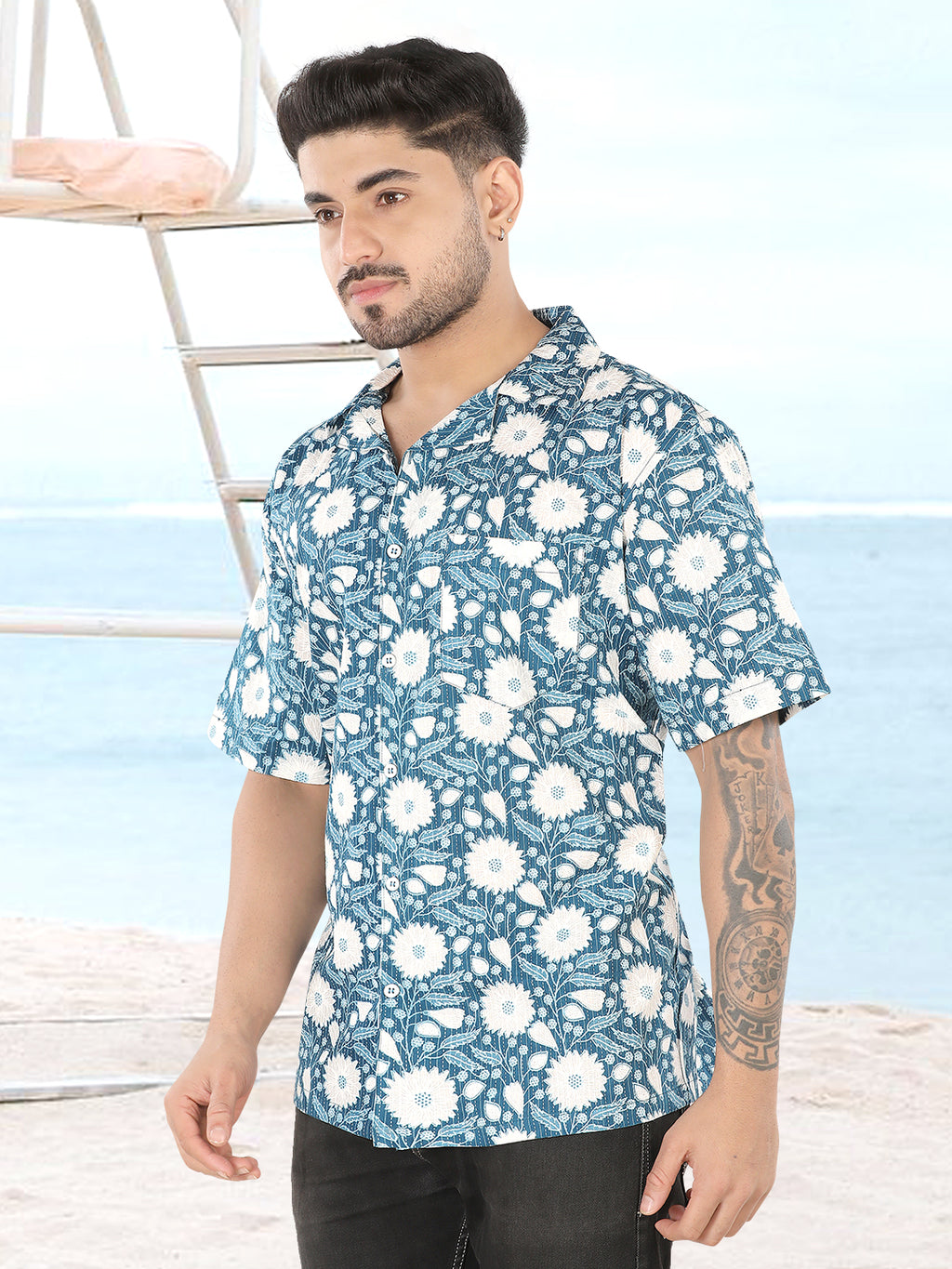 Mitsu Blue Floral Ajrakh Printed Half Sleeve Casual Shirt(1102)