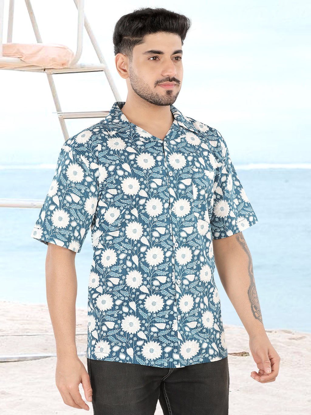 Mitsu Blue Floral Ajrakh Printed Half Sleeve Casual Shirt(1102)