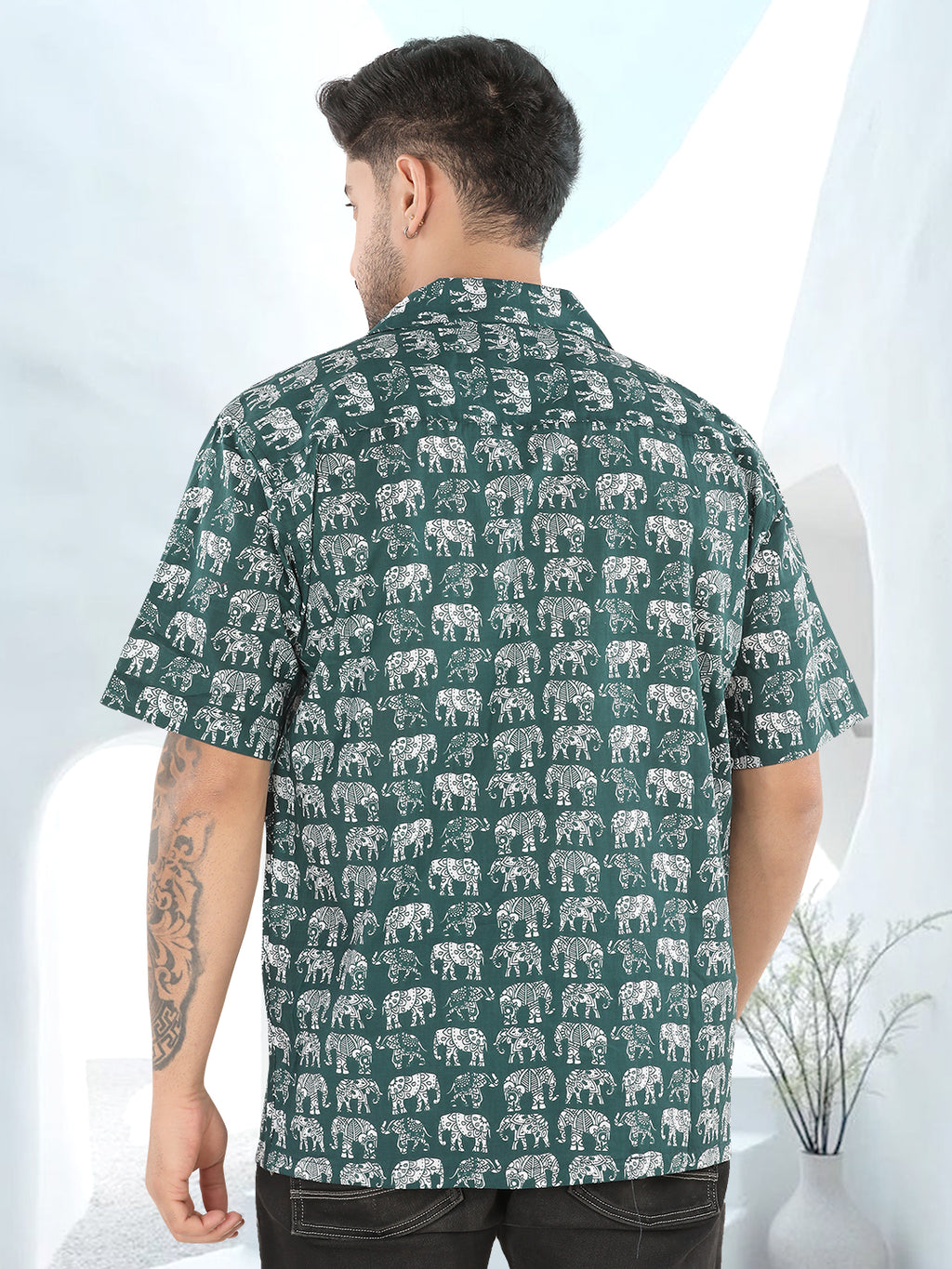Mitsu Green Elephant Ajrakh Printed Half Sleeve Casual Shirt(1103)