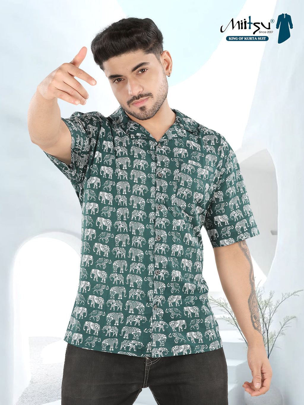 Mitsu Green Elephant Ajrakh Printed Half Sleeve Casual Shirt(1103)