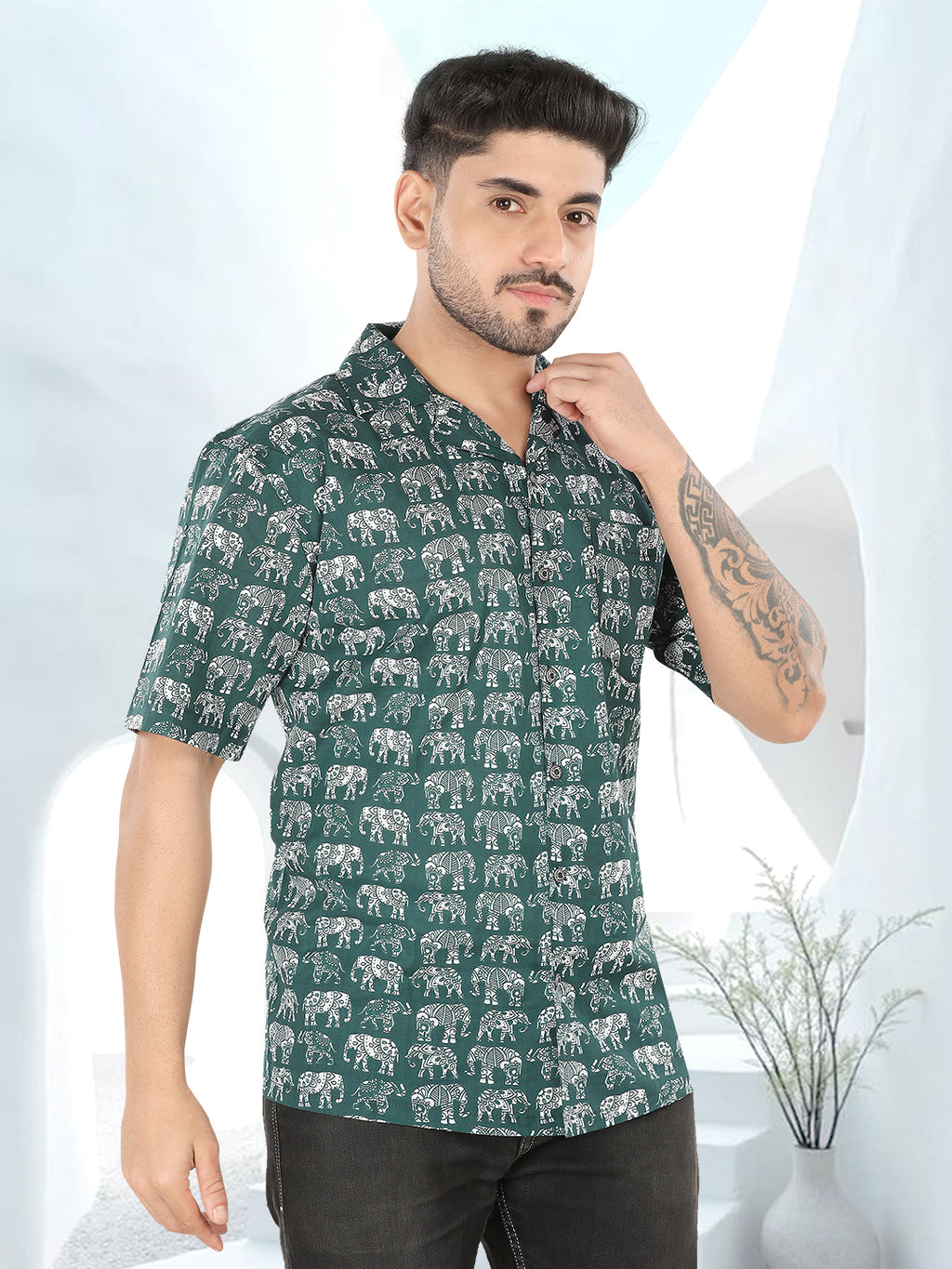 Mitsu Green Elephant Ajrakh Printed Half Sleeve Casual Shirt(1103)