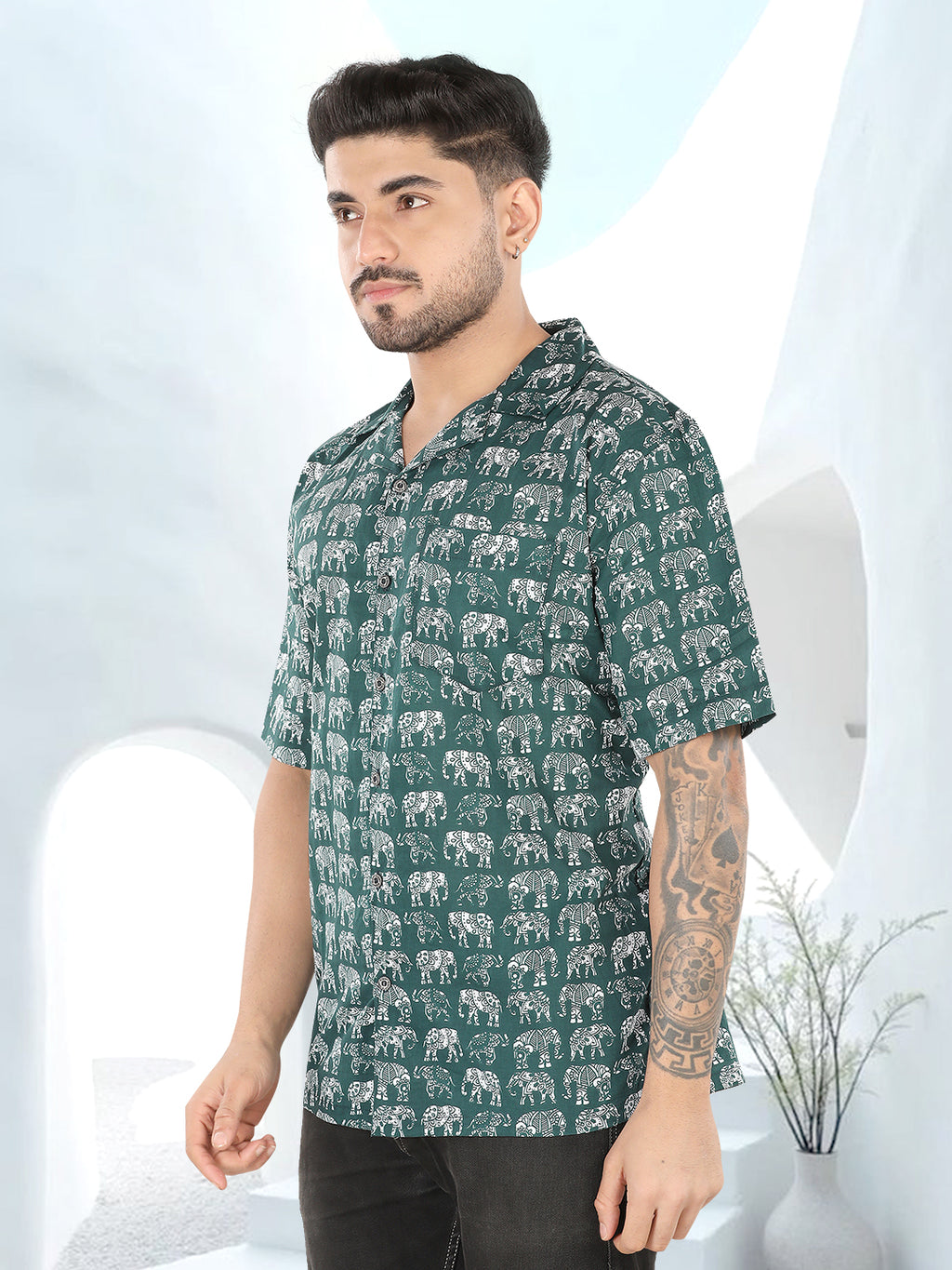 Mitsu Green Elephant Ajrakh Printed Half Sleeve Casual Shirt(1103)