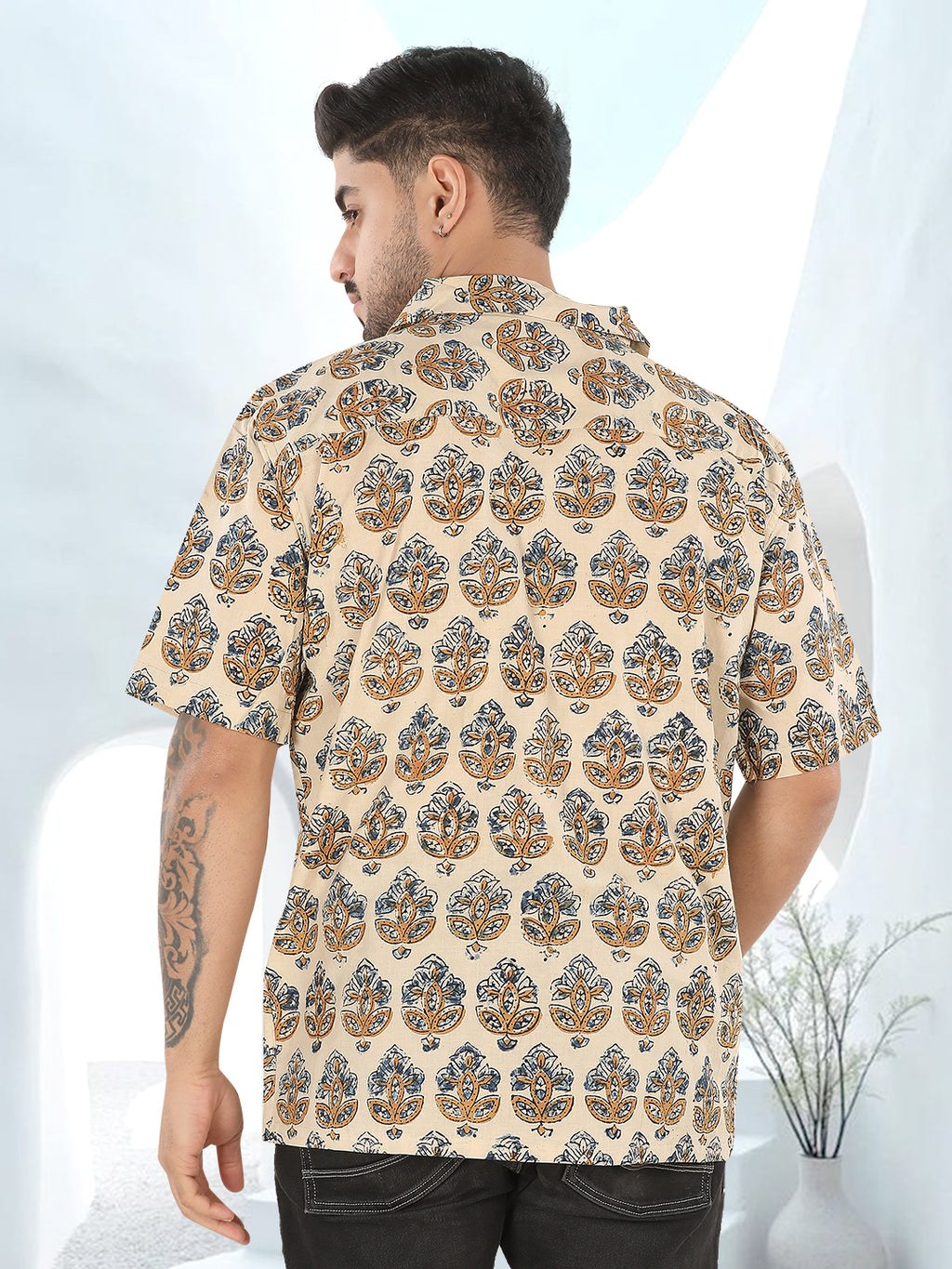 Beige Ethnic Motif Ajrakh Printed Half Sleeve Shirt(1109)
