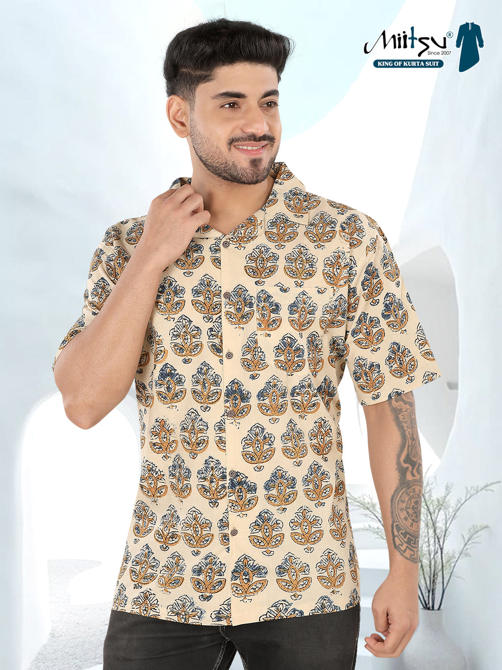 Beige Ethnic Motif Ajrakh Printed Half Sleeve Shirt(1109)
