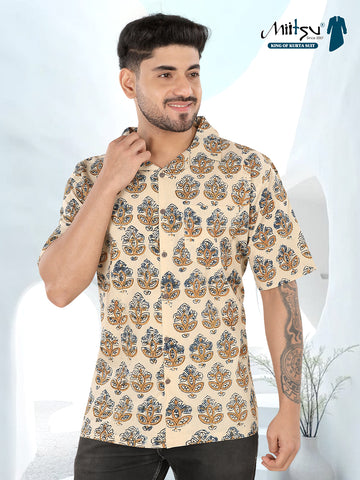 Beige Ethnic Motif Ajrakh Printed Half Sleeve Shirt(1109)
