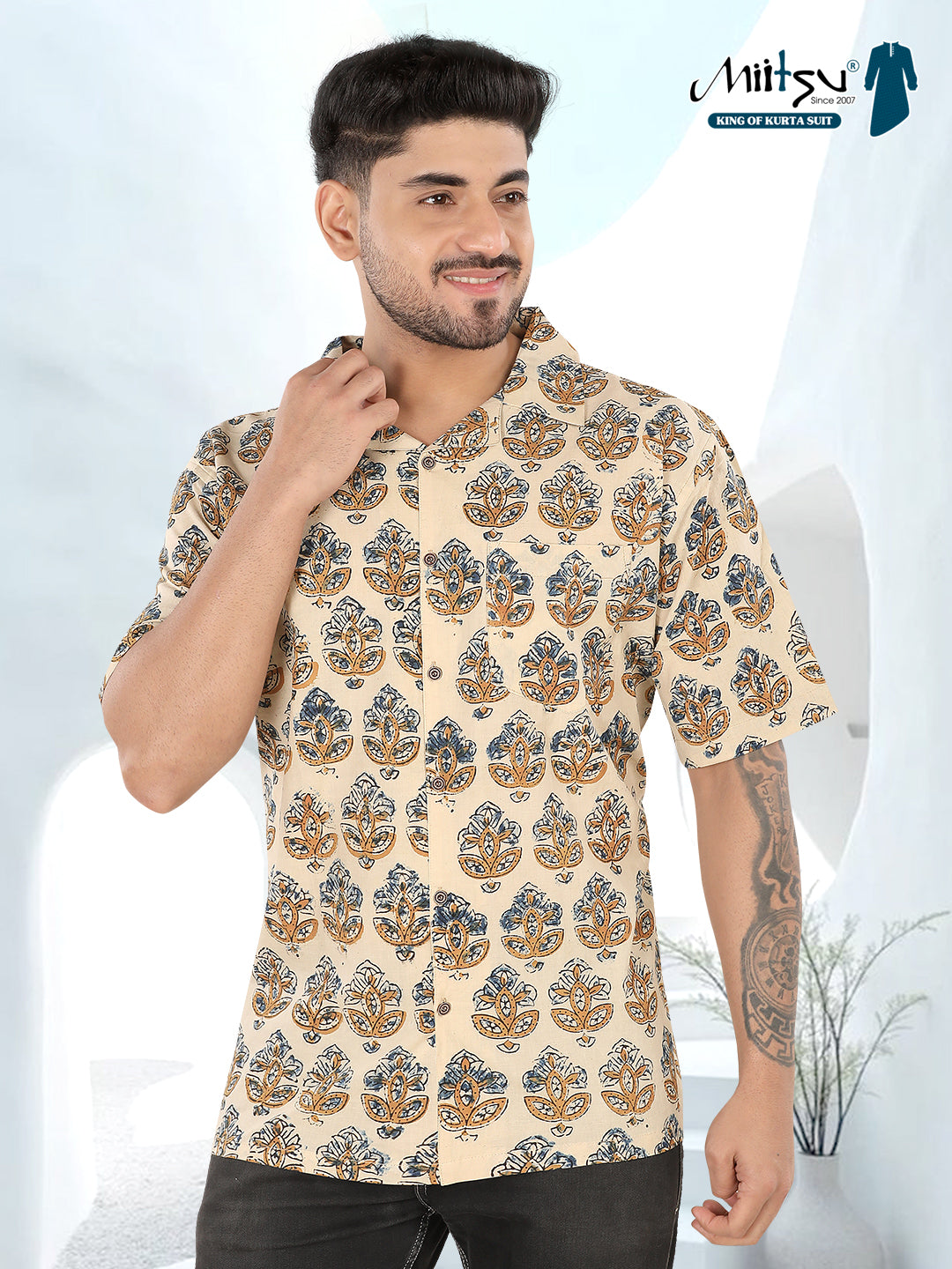 Beige Ethnic Motif Ajrakh Printed Half Sleeve Shirt(1109)