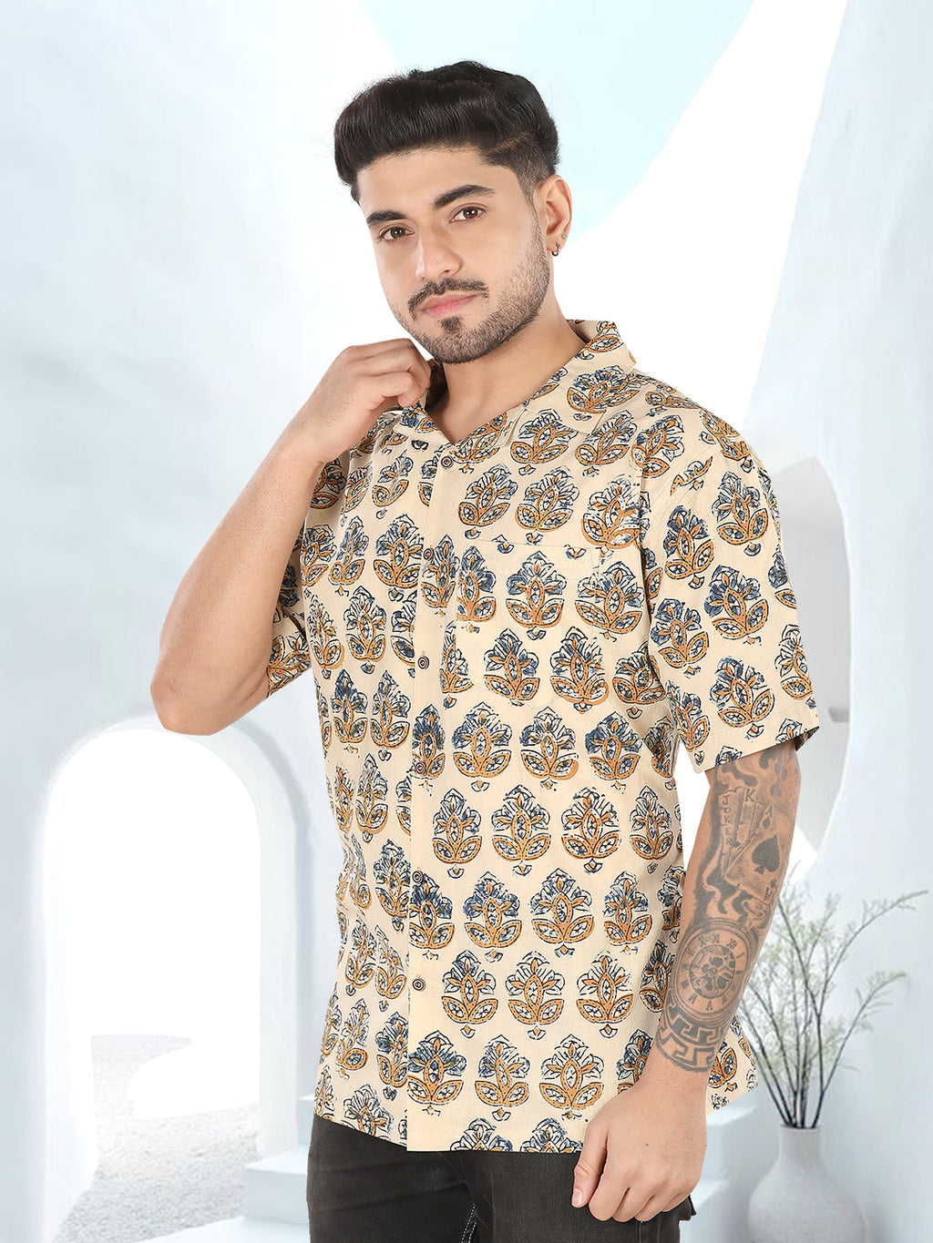 Beige Ethnic Motif Ajrakh Printed Half Sleeve Shirt(1109)