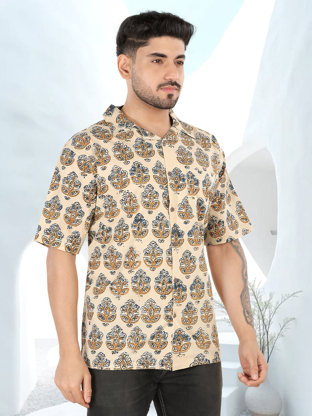 Beige Ethnic Motif Ajrakh Printed Half Sleeve Shirt(1109)