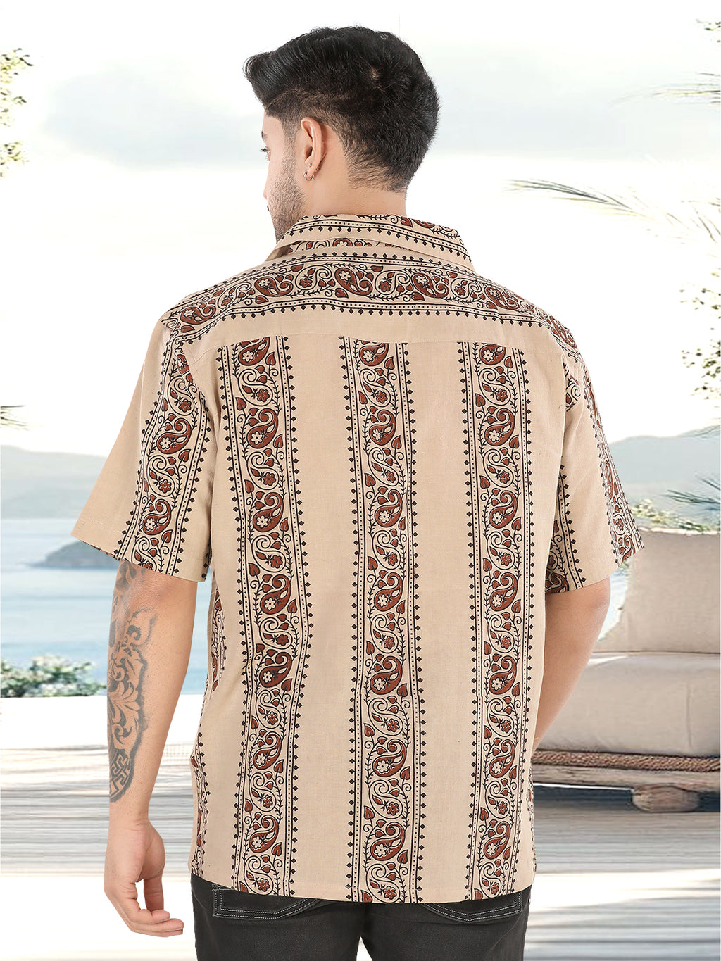 Sand Beige Ethnic Block Print Half Sleeve Shirt(1107)
