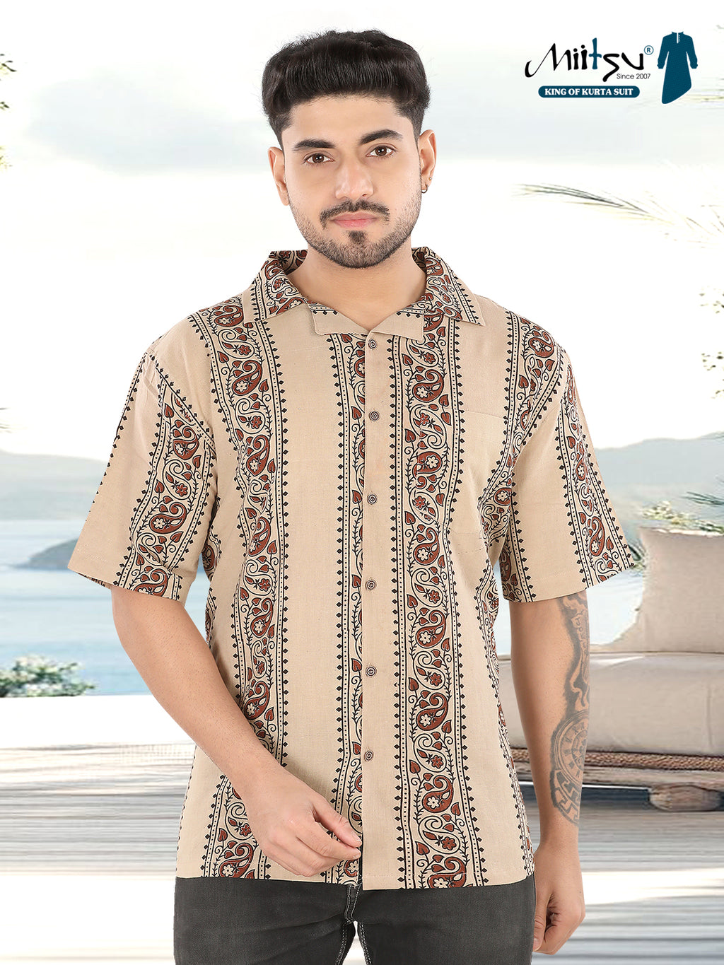 Sand Beige Ethnic Block Print Half Sleeve Shirt(1107)