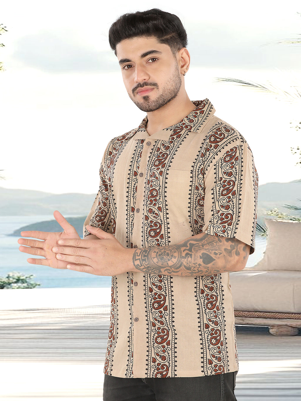 Sand Beige Ethnic Block Print Half Sleeve Shirt(1107)
