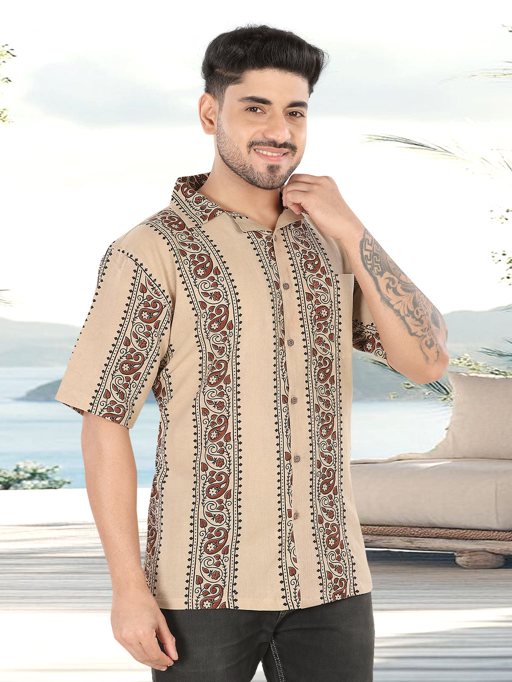 Sand Beige Ethnic Block Print Half Sleeve Shirt(1107)