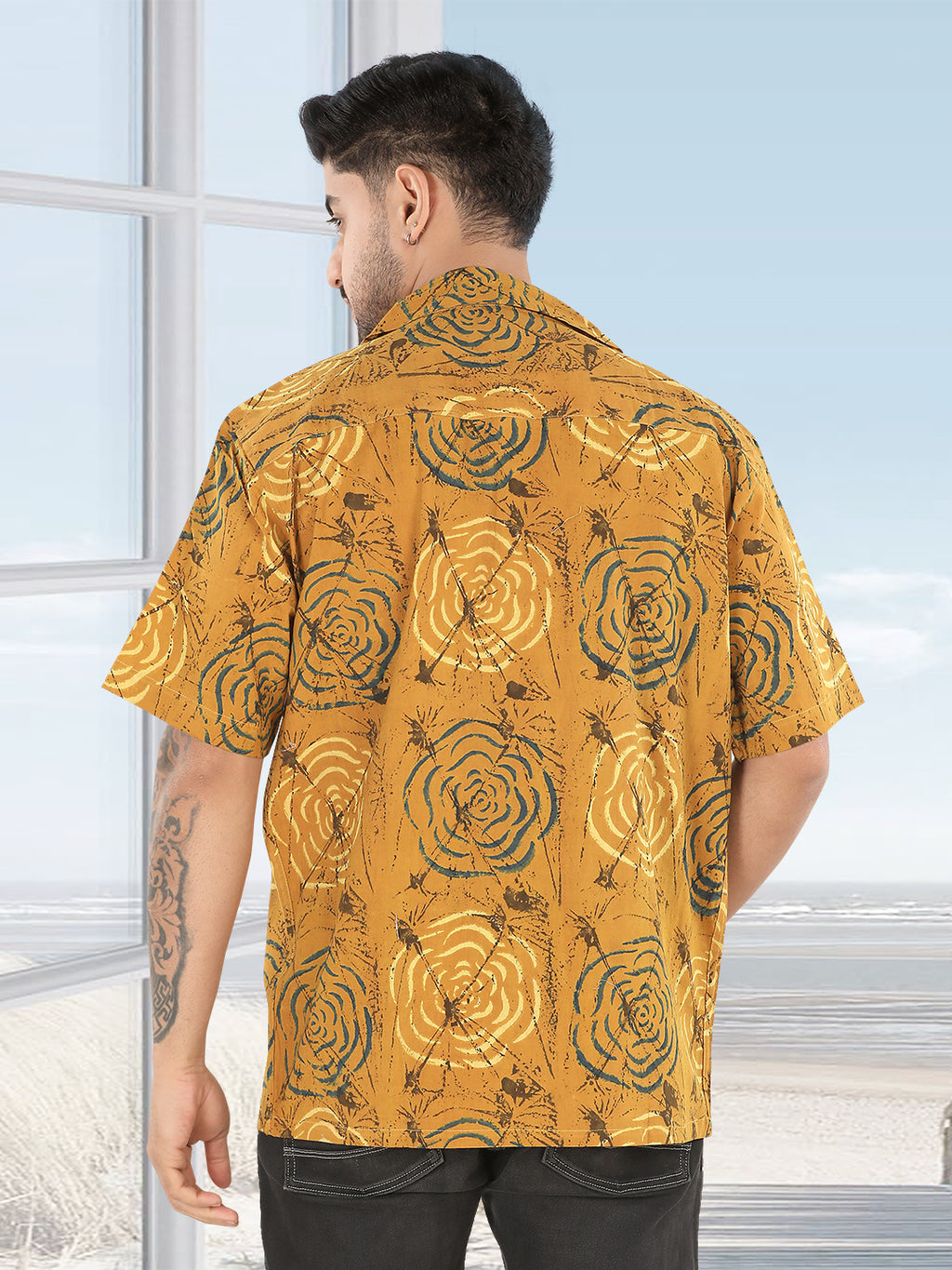 Mustard Abstract Ajrakh Print Half Sleeve Casual Shirt(1112)