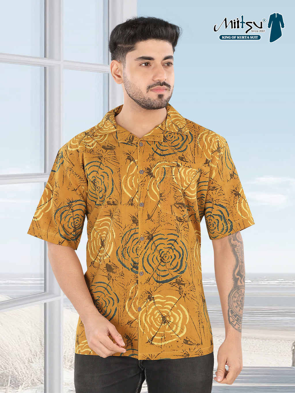 Mustard Abstract Ajrakh Print Half Sleeve Casual Shirt(1112)