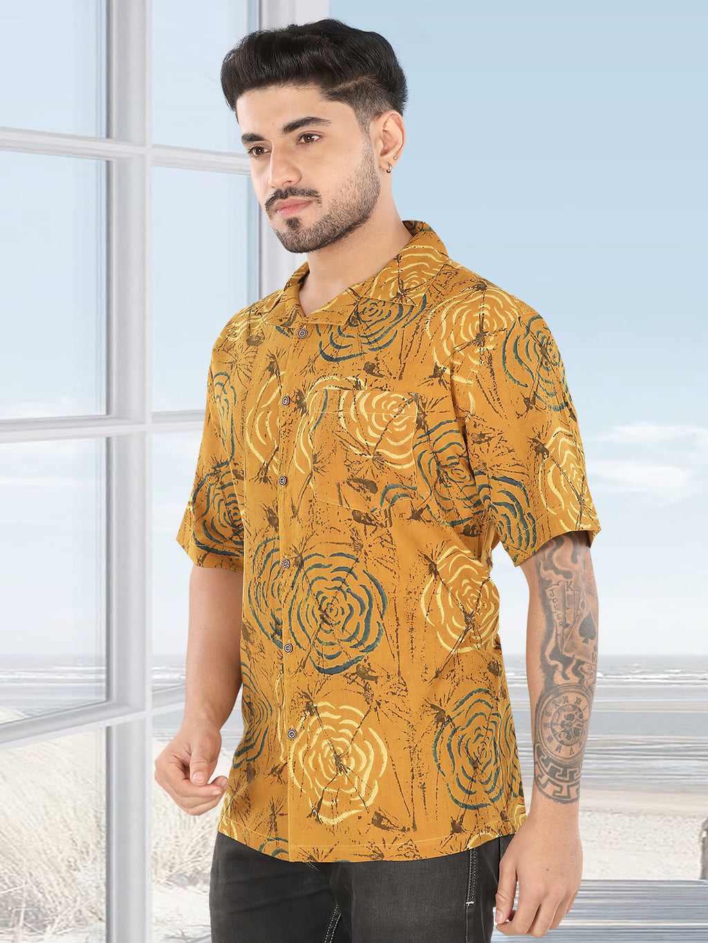 Mustard Abstract Ajrakh Print Half Sleeve Casual Shirt(1112)