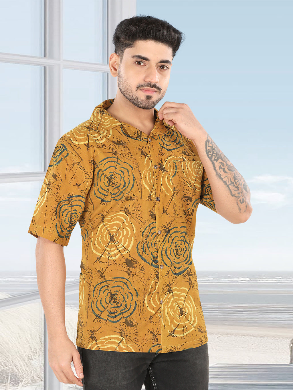 Mustard Abstract Ajrakh Print Half Sleeve Casual Shirt(1112)