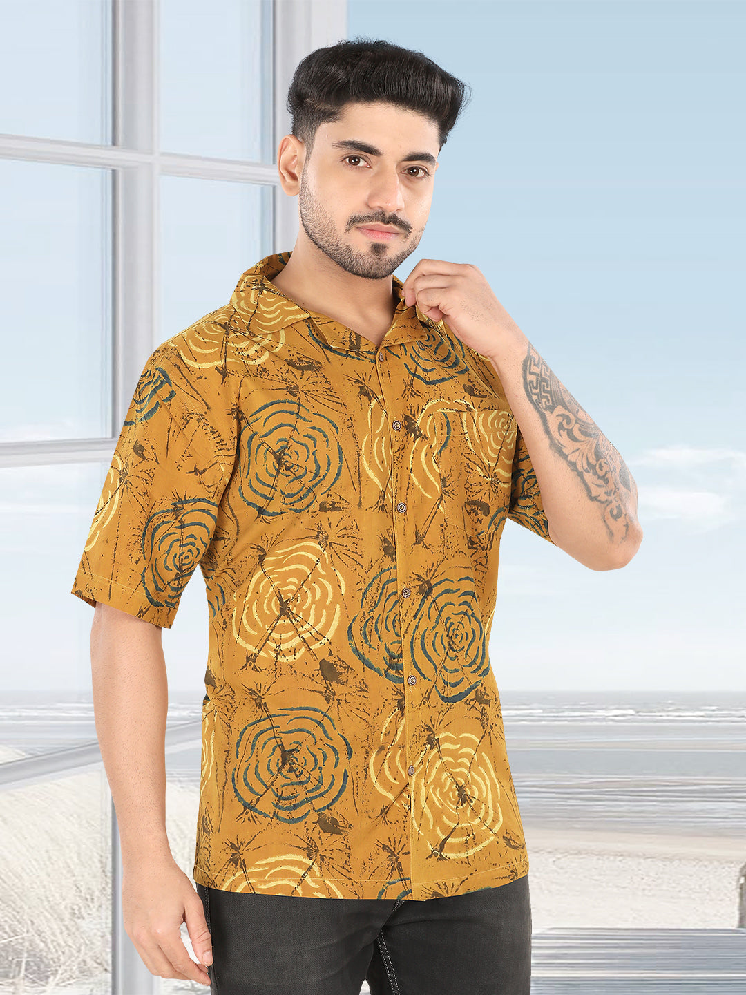 Mustard Abstract Ajrakh Print Half Sleeve Casual Shirt(1112)