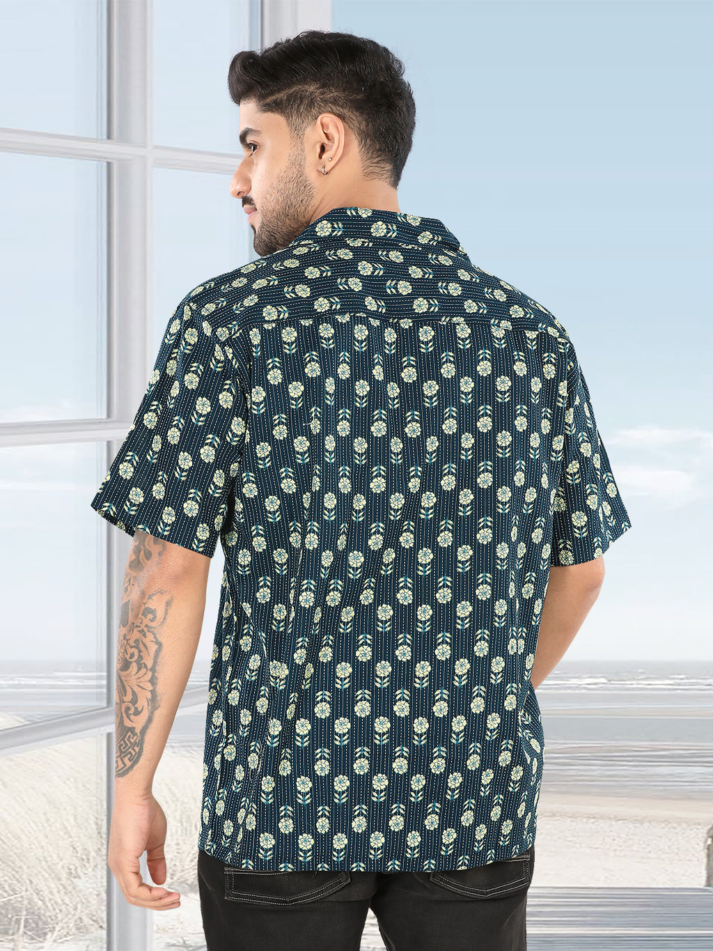 Men’s Teal Floral Printed Half Sleeve Casual Shirt (1116)