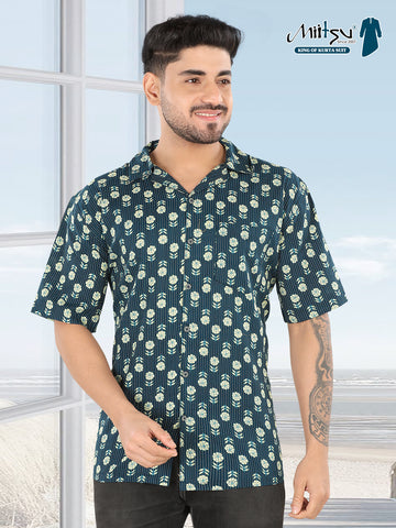 Men’s Teal Floral Printed Half Sleeve Casual Shirt (1116)