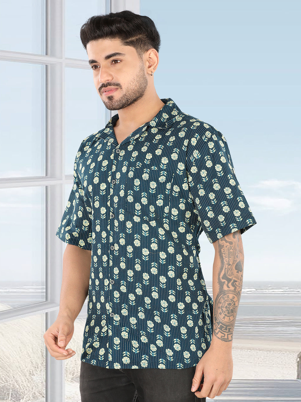 Men’s Teal Floral Printed Half Sleeve Casual Shirt (1116)