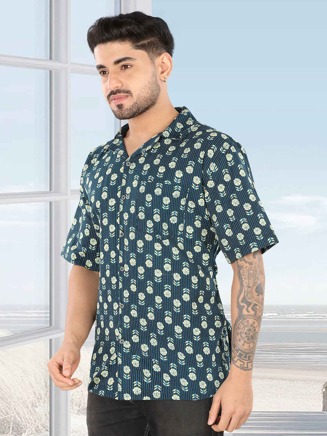 Men’s Teal Floral Printed Half Sleeve Casual Shirt (1116)