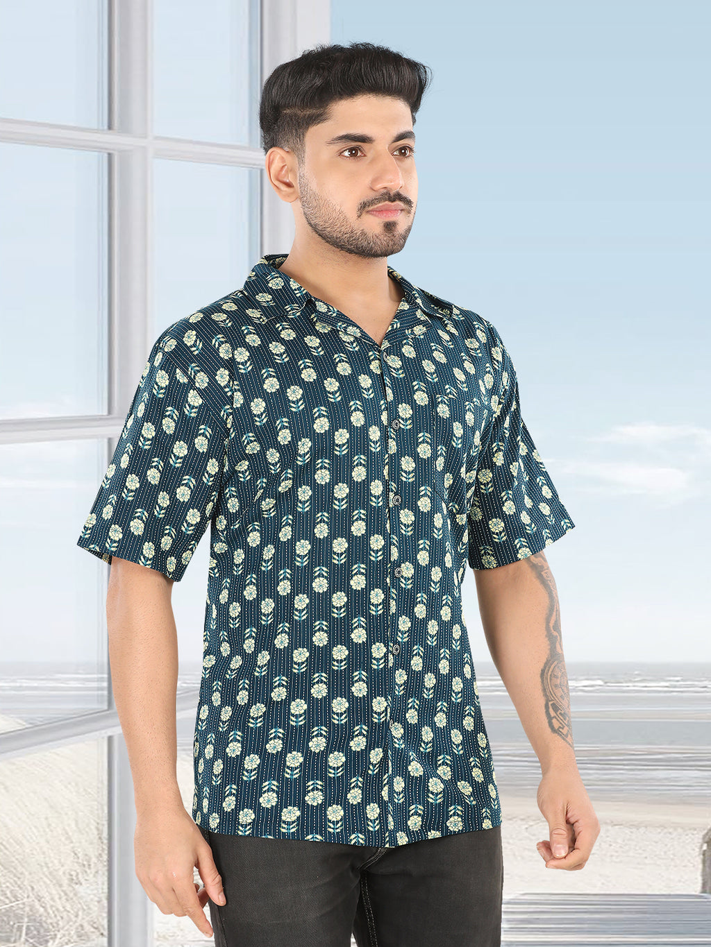 Men’s Teal Floral Printed Half Sleeve Casual Shirt (1116)