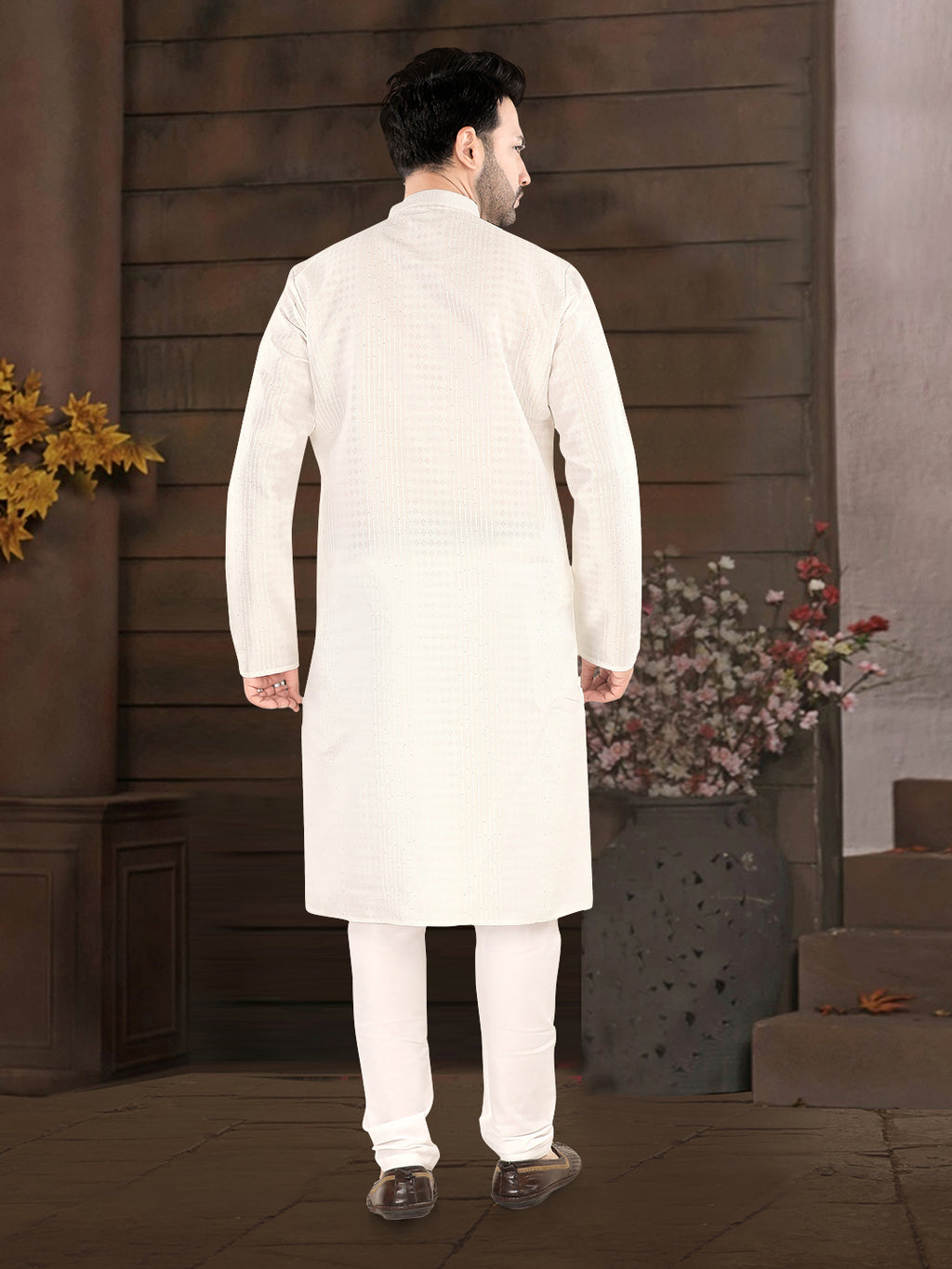 Classic White Textured Festive Kurta – Timeless Elegance for Men (4250)