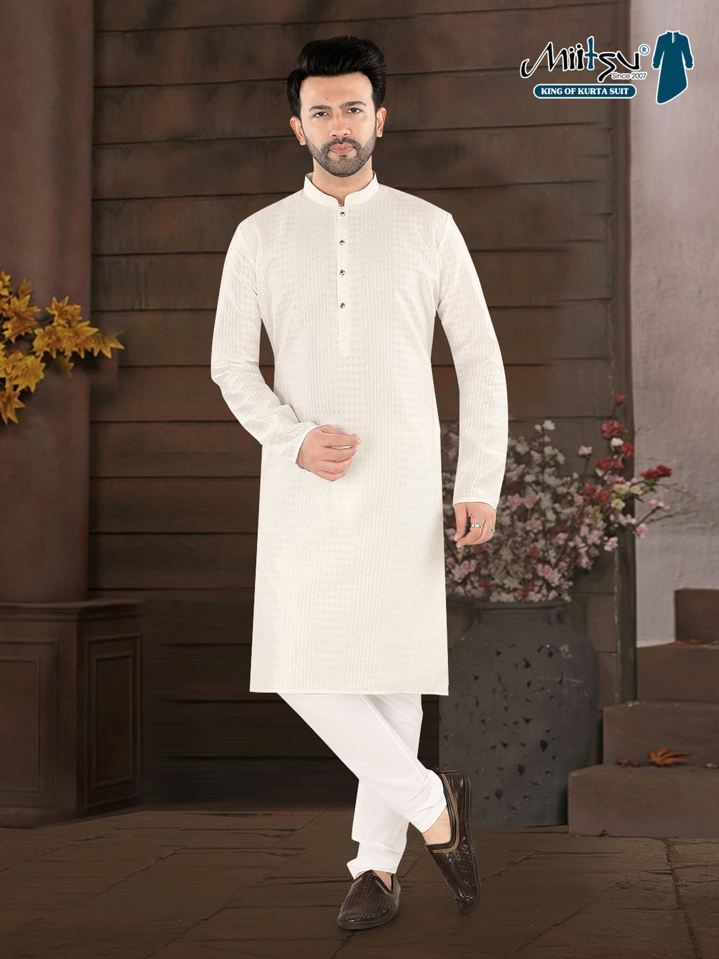 Classic White Textured Festive Kurta – Timeless Elegance for Men (4250)