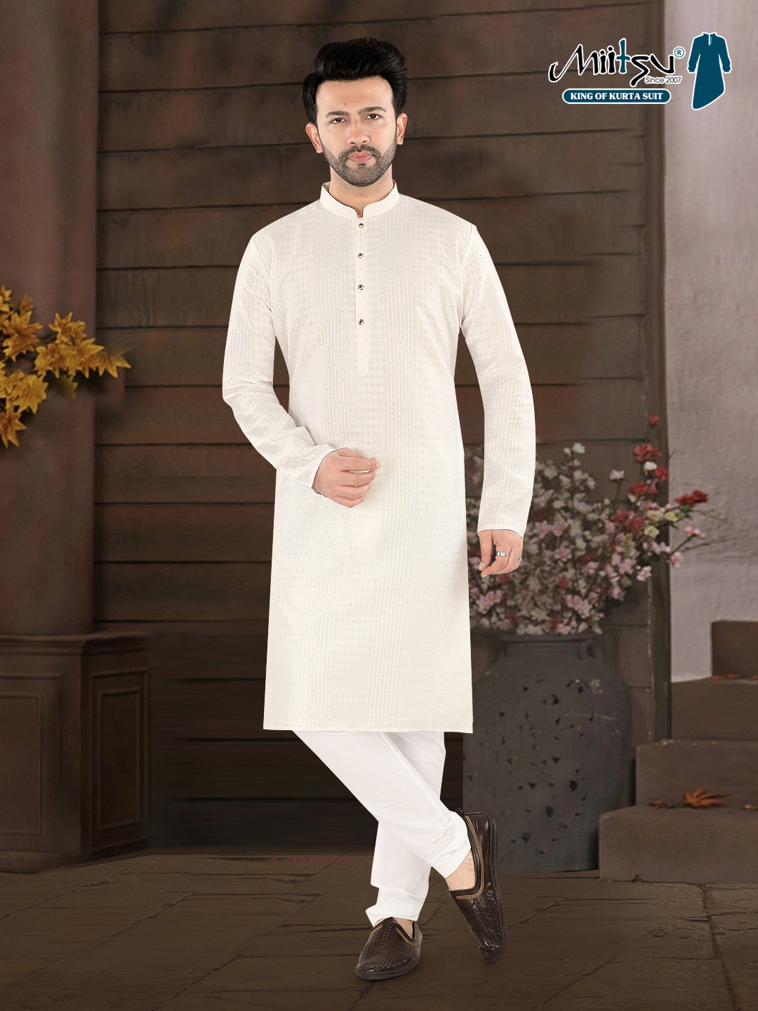 Classic White Textured Festive Kurta – Timeless Elegance for Men (4250)