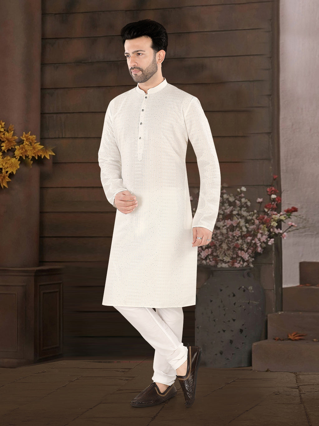 Classic White Textured Festive Kurta – Timeless Elegance for Men (4250)
