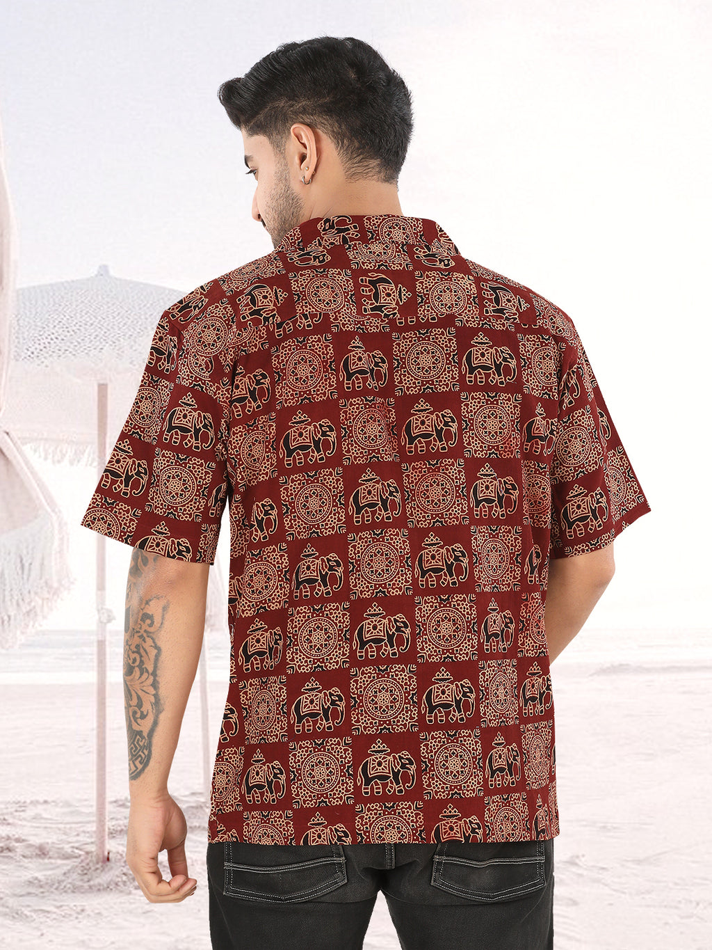 Men’s Maroon Elephant Printed Half Sleeve Casual Shirt (1108)
