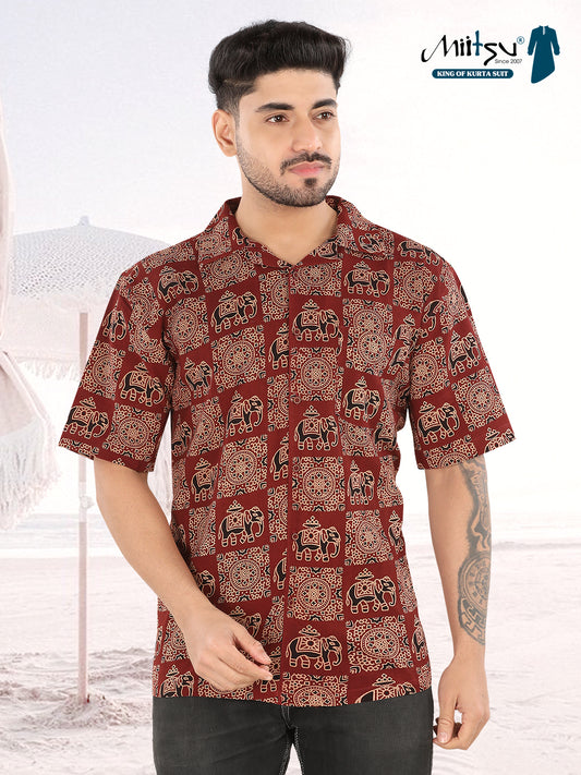 Men’s Maroon Elephant Printed Half Sleeve Casual Shirt (1108)