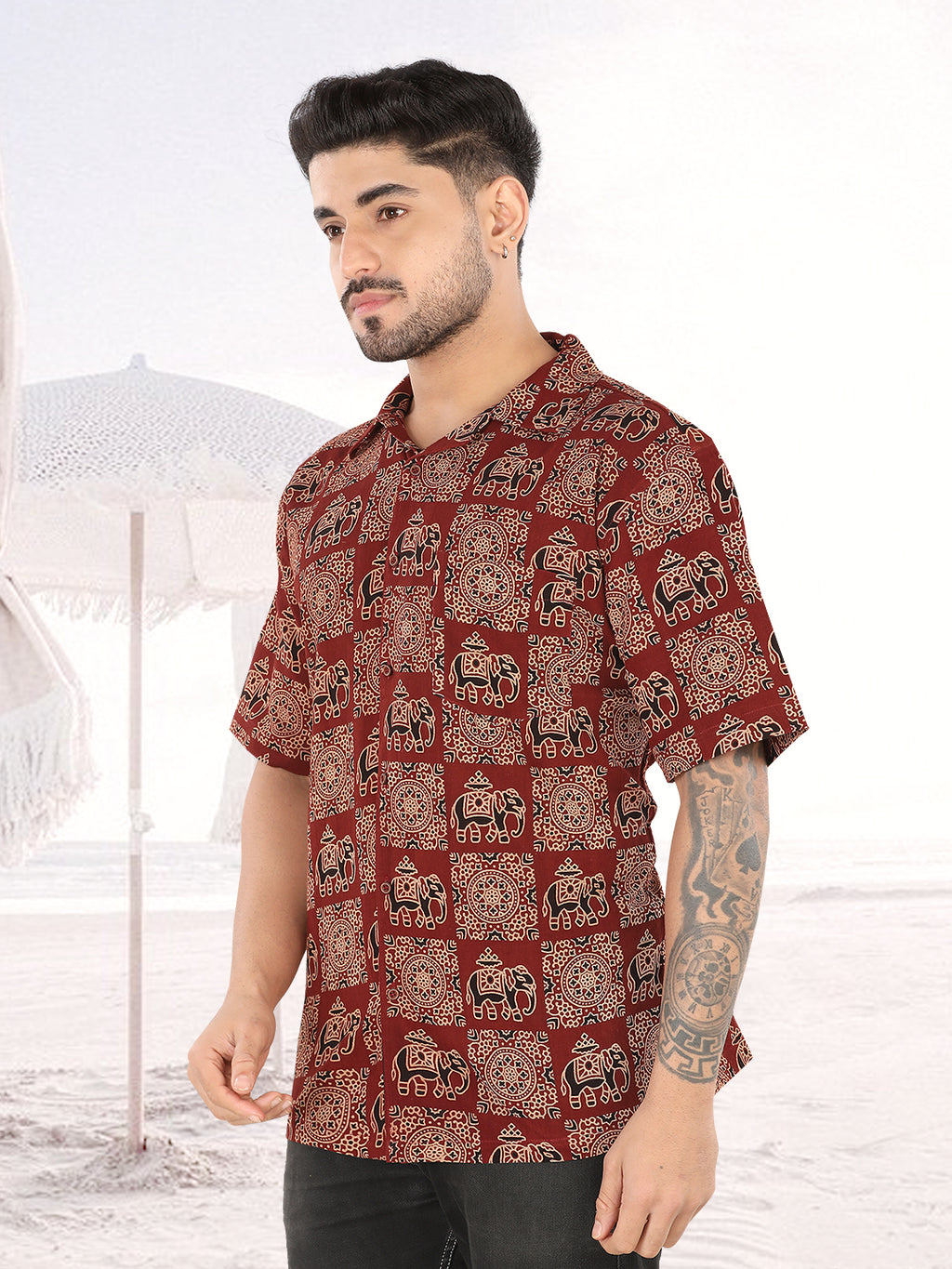 Men’s Maroon Elephant Printed Half Sleeve Casual Shirt (1108)