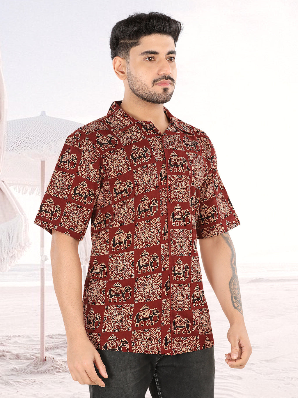 Men’s Maroon Elephant Printed Half Sleeve Casual Shirt (1108)